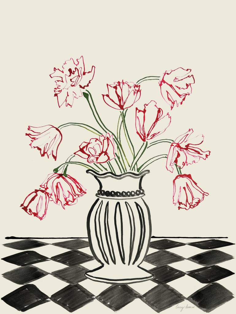 Pink Tulips In a Vase with Checkered Diamonds by Lucy Deaner  on GIANT ART -  flowers and plants