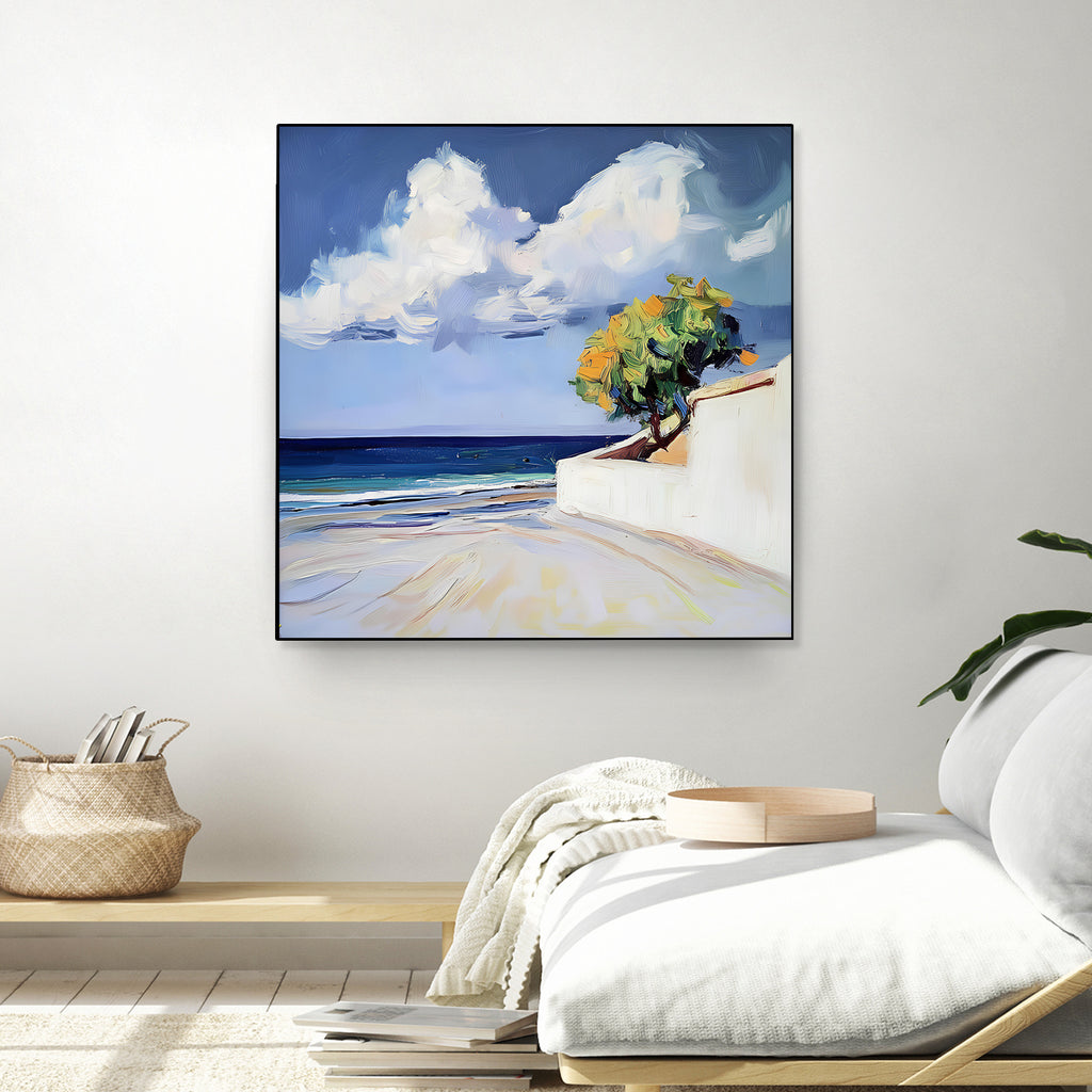 Serene Beach View with a Tree and Dramatic Clouds by Avanesova Elena on GIANT ART - nature and landscapes elena